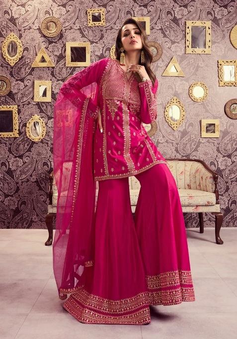 Rani Pink Embroidery Silk Kurta Set