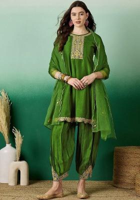 Green Embroidery Vichitra Kurta Set