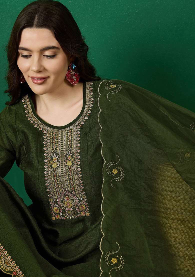 Green Embroidery Vichitra Kurta Set - Indya