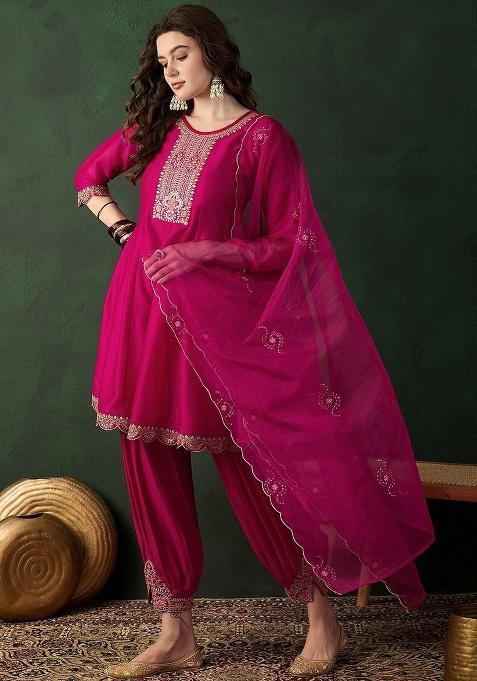 Pink Embroidery Vichitra Kurta Set