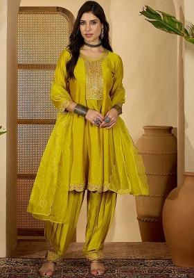 Yellow Embroidery Vichitra Kurta Set
