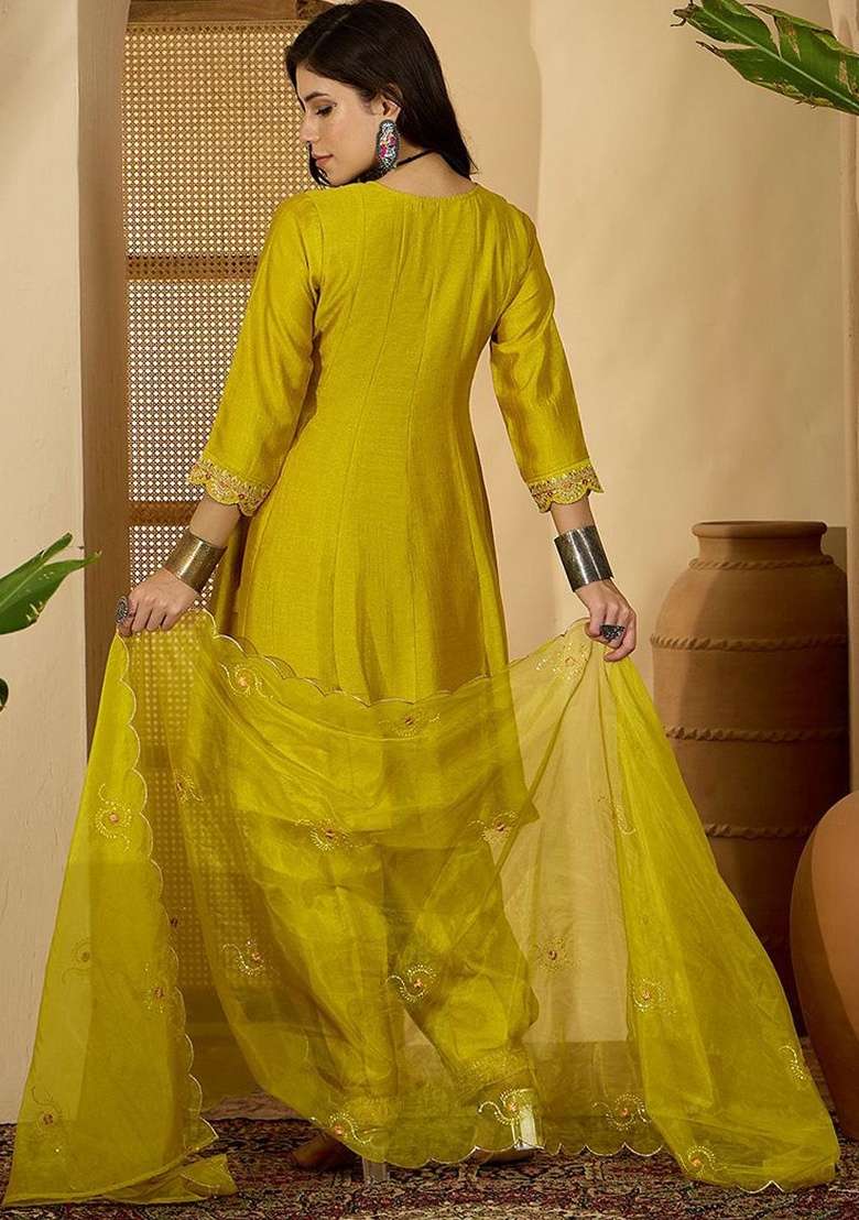 Yellow Embroidery Vichitra Kurta Set - Indya