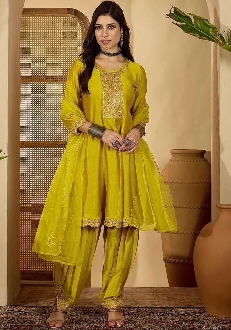 Yellow Embroidery Vichitra Kurta Set