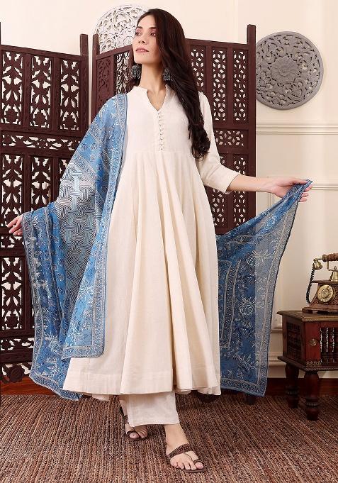Off White Solid Silk Kurta Set