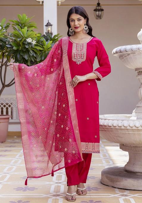 Red Embroidery Chanderi Kurta Set