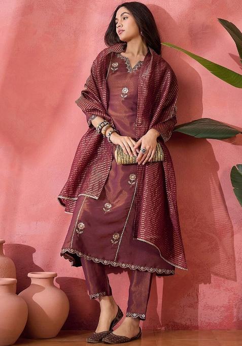 Maroon Embroidery Simmer Kurta Set