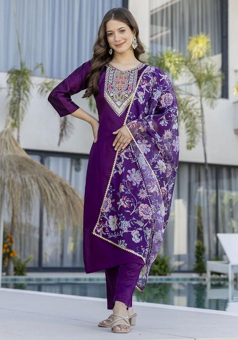 Purple Embroidery Chanderi Kurta Set