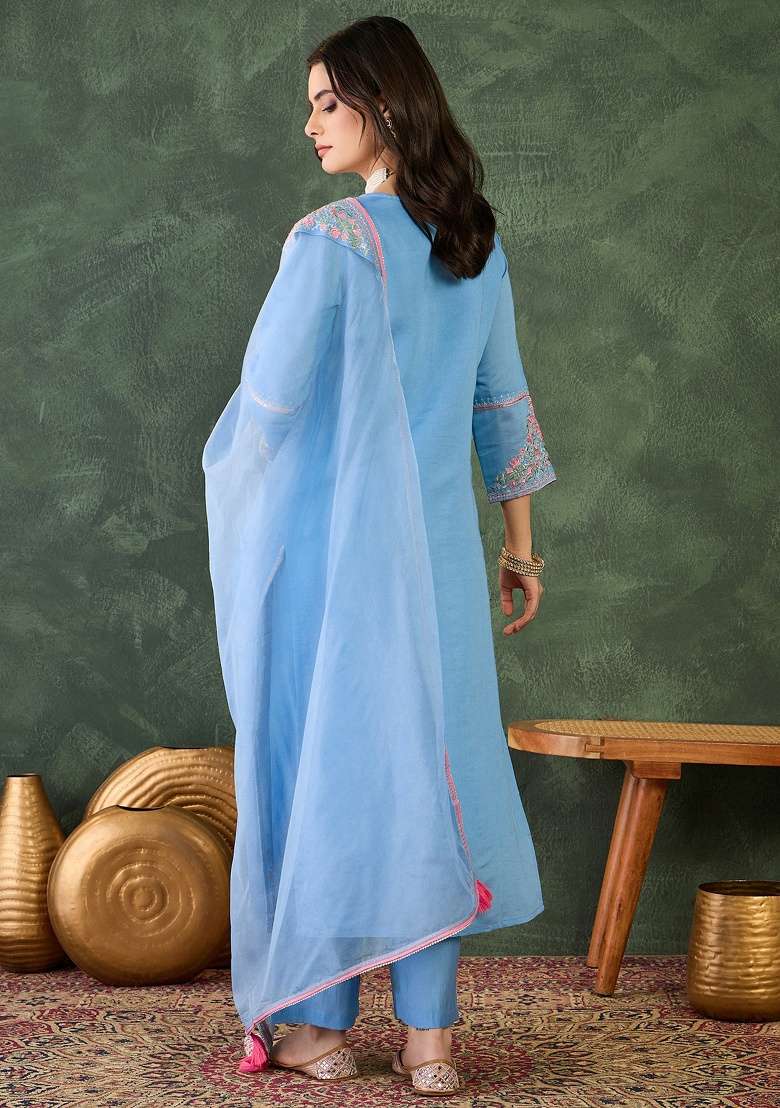 Sky Blue Embroidery Silk Blend Kurta Set - Indya