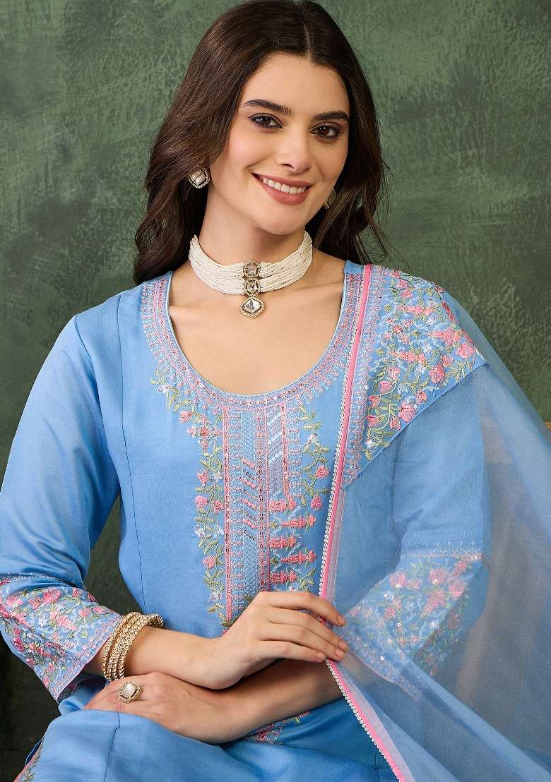 Sky Blue Embroidery Silk Blend Kurta Set - Indya