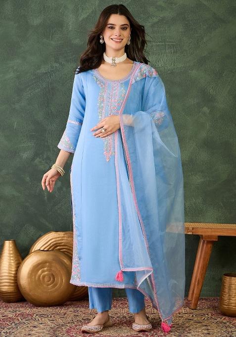 Sky Blue Embroidery Silk Kurta Set