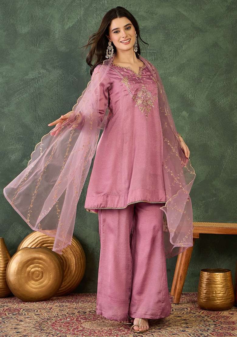 Onion Embroidery Silk Blend Kurta Set - Indya