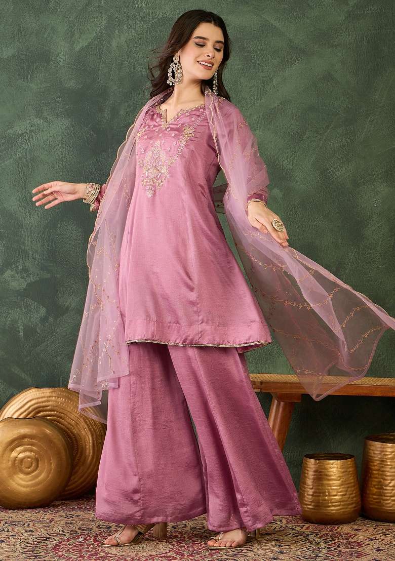 Onion Embroidery Silk Blend Kurta Set - Indya