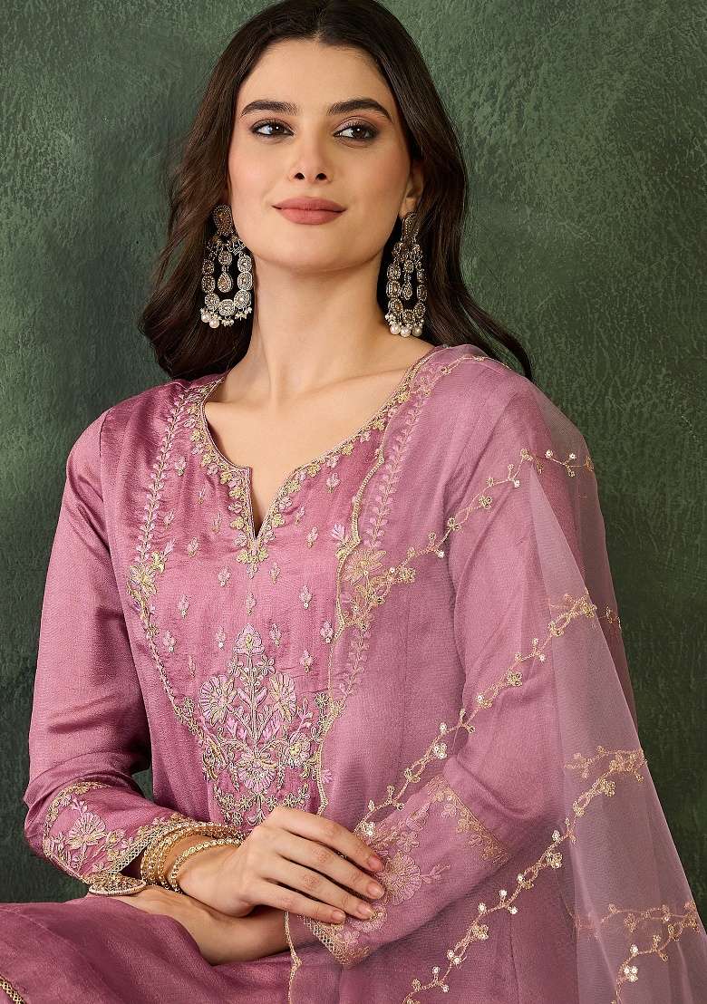 Onion Embroidery Silk Blend Kurta Set - Indya