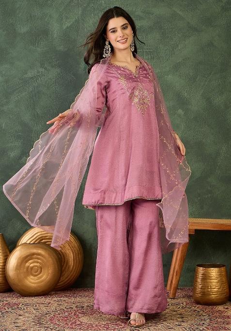 Onion Embroidery Silk Kurta Set