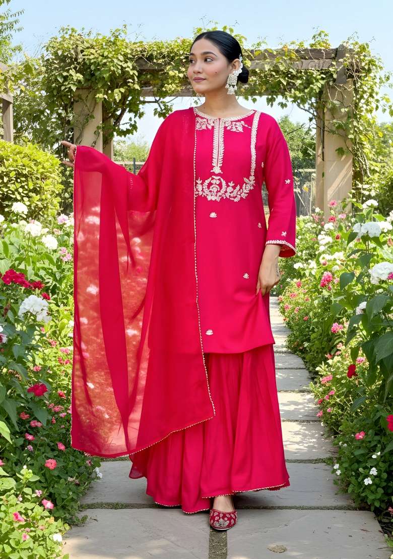 Red Embroidery Silk Blend Kurta Set - Indya