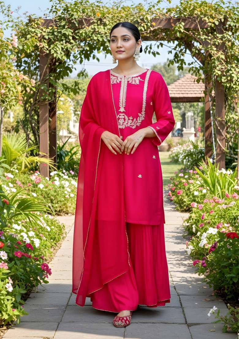 Red Embroidery Silk Blend Kurta Set - Indya