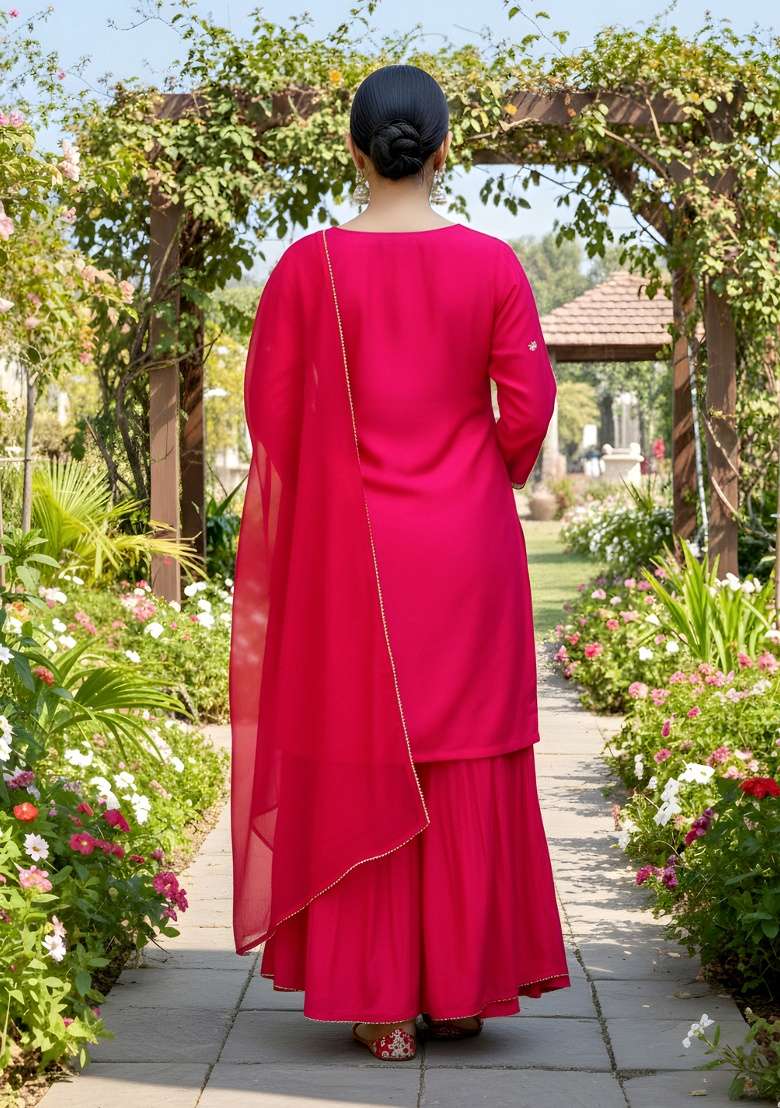 Red Embroidery Silk Blend Kurta Set - Indya