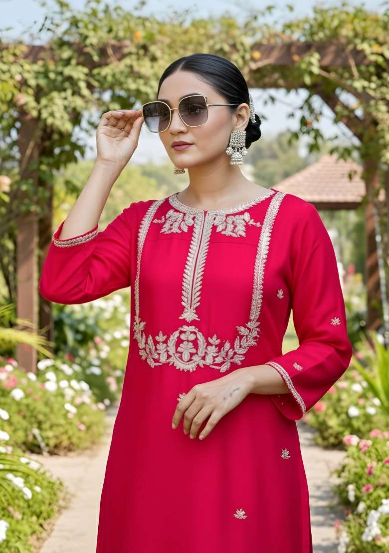 Red Embroidery Silk Blend Kurta Set - Indya