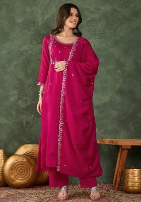 Rani Pink Embroidery Silk Blend Kurta Set