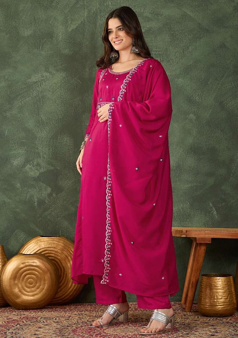 Rani Pink Embroidery Silk Blend Kurta Set - Indya