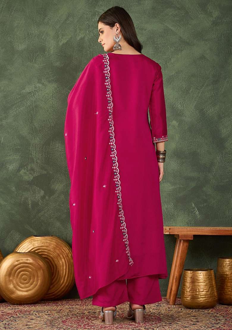Rani Pink Embroidery Silk Blend Kurta Set - Indya