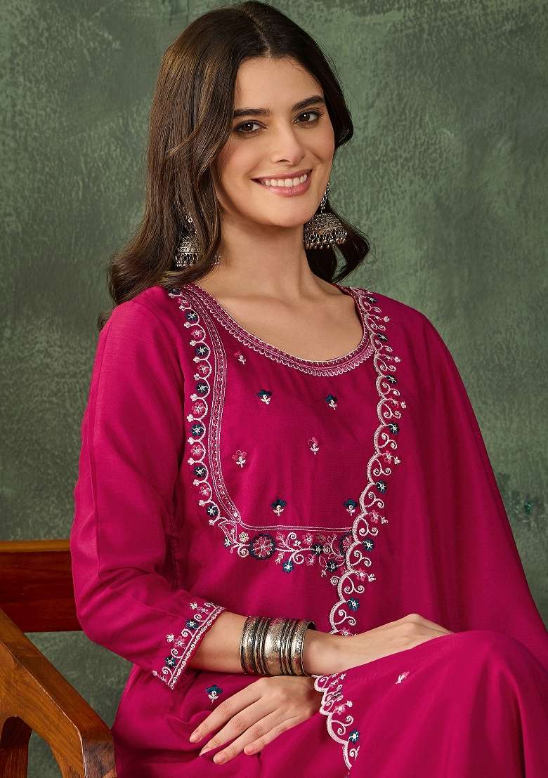 Rani Pink Embroidery Silk Blend Kurta Set - Indya