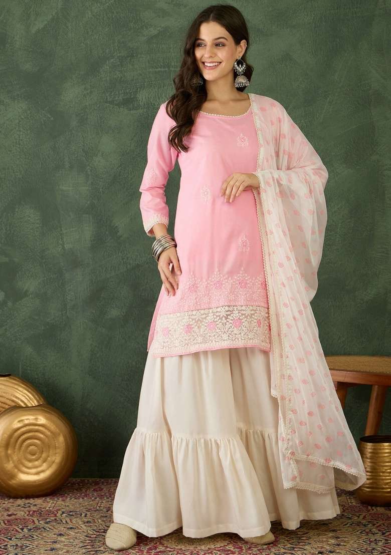 Peach Embroidery Cotton Kurta Set - Indya