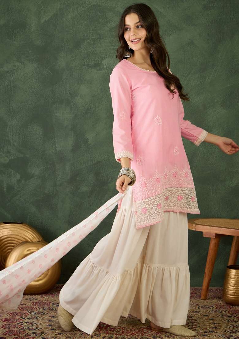 Peach Embroidery Cotton Kurta Set - Indya