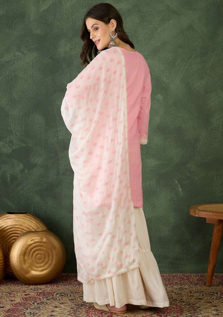 Peach Embroidery Cotton Kurta Set - Indya