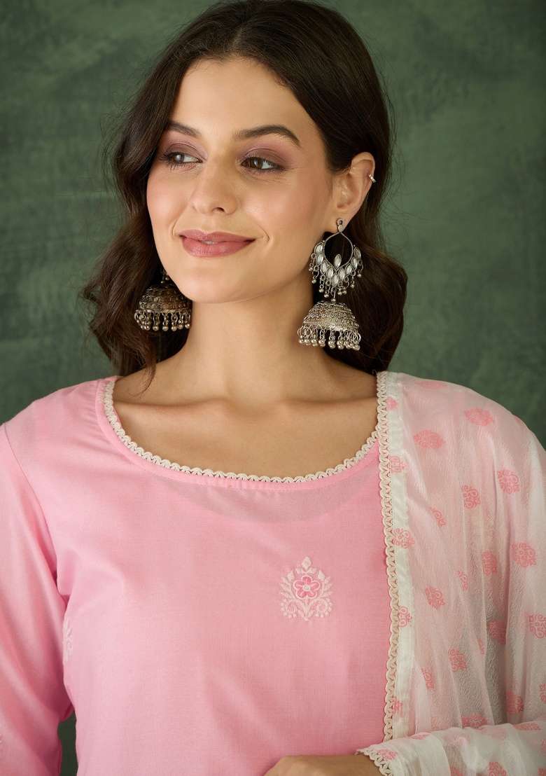 Peach Embroidery Cotton Kurta Set - Indya