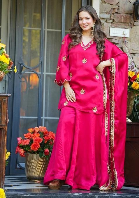 Rani Pink Embroidery Silk Kurta Set