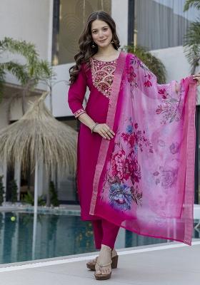 Magenta Embroidery Chanderi Kurta Set