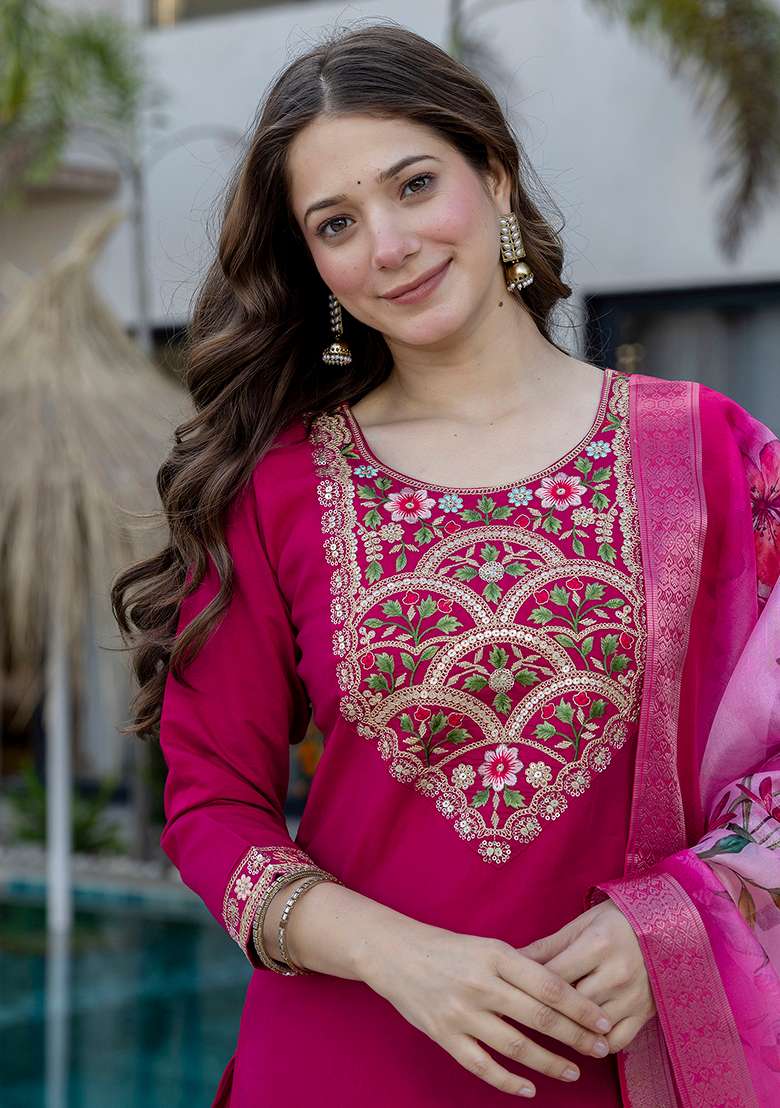 Magenta Embroidery Chanderi Kurta Set - Indya