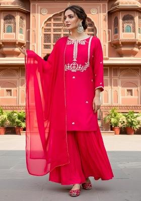 Red Embroidery Silk Blend Kurta Set