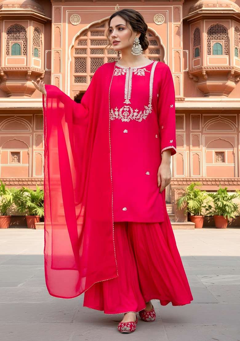 Red Embroidery Silk Blend Kurta Set - Indya