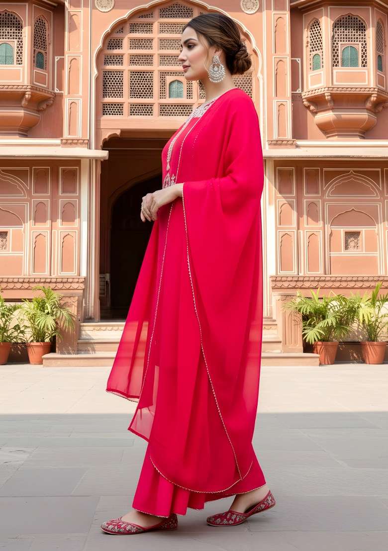Red Embroidery Silk Blend Kurta Set - Indya