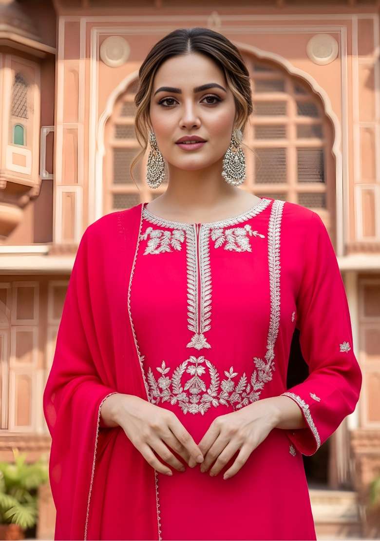 Red Embroidery Silk Blend Kurta Set - Indya