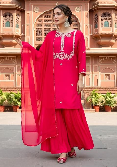 Red Embroidery Silk Blend Kurta Set