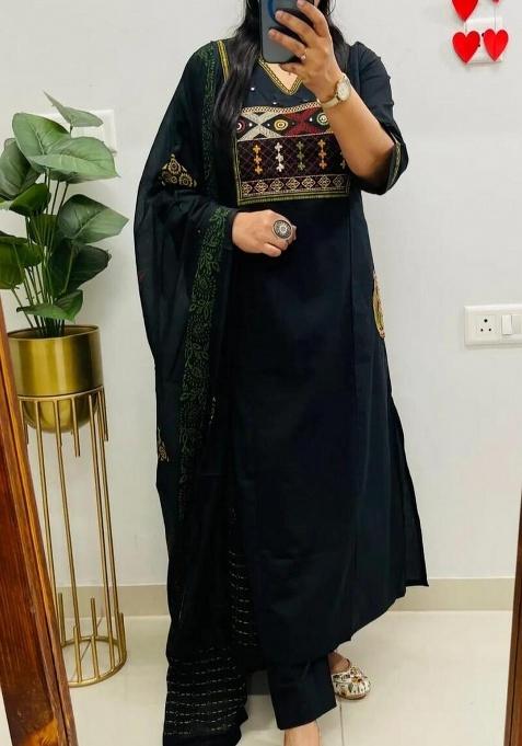 Black Embroidery Cotton Kurta Set