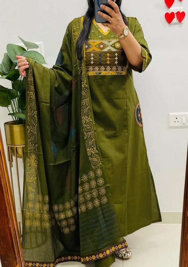 Green Embroidered Cotton A Line Kurta Set - Indya