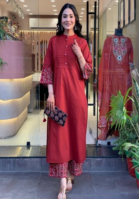 Red Embroidery Cotton Kurta Set