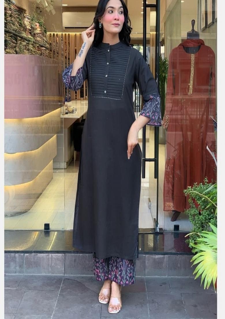 Black Embroidery Cotton Kurta Set - Indya