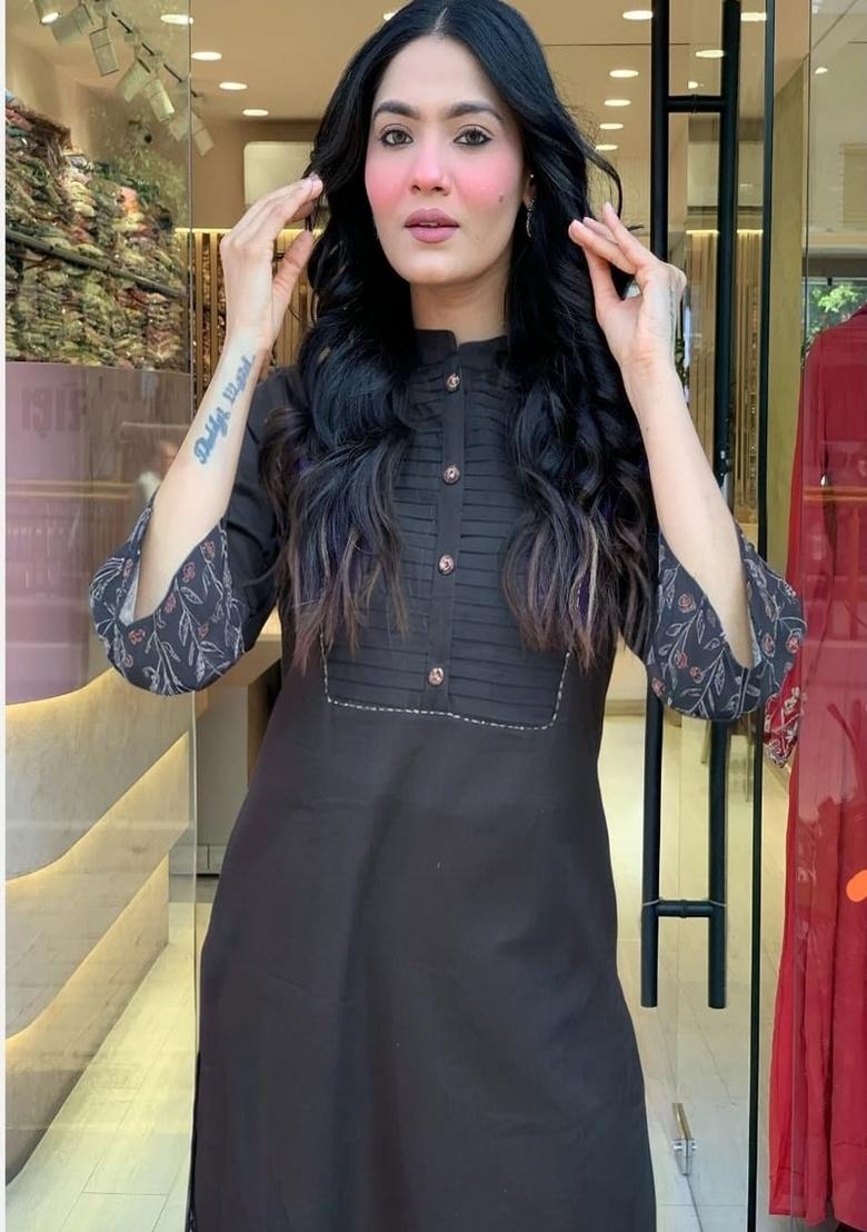 Black Embroidery Cotton Kurta Set - Indya