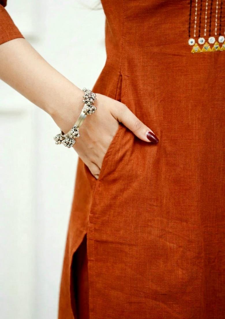 Orange Embroidery Cotton Kurta Set - Indya