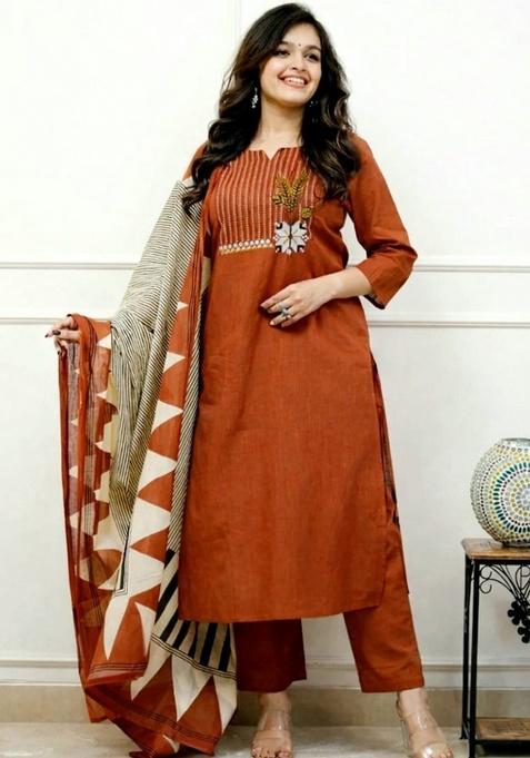 Orange Embroidery Cotton Kurta Set