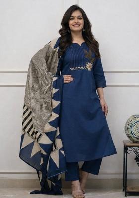 Blue Embroidery Cotton Kurta Set