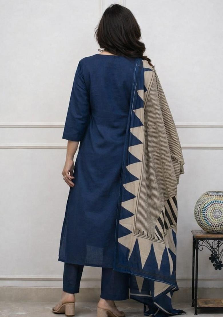 Blue Embroidery Cotton Kurta Set - Indya