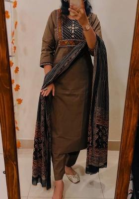 Brown Embroidery Cotton Kurta Set