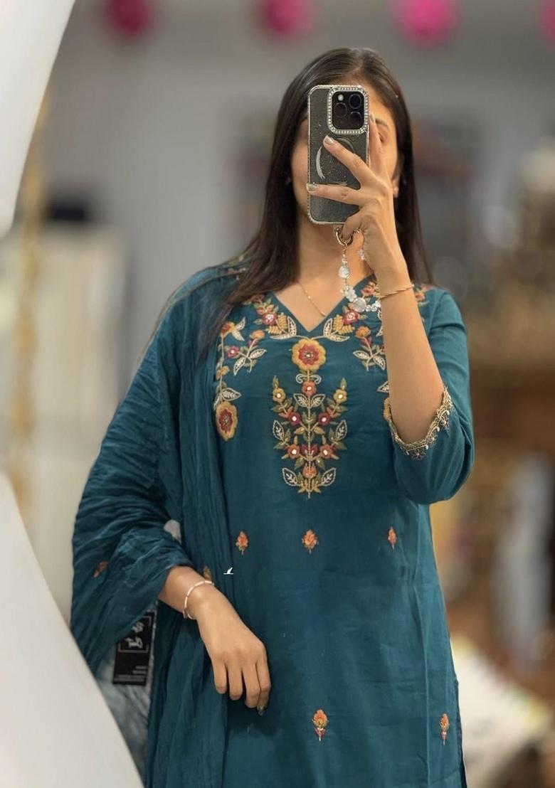 Blue Embroidery Cotton Kurta Set - Indya