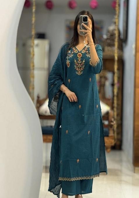Blue Embroidery Cotton Kurta Set